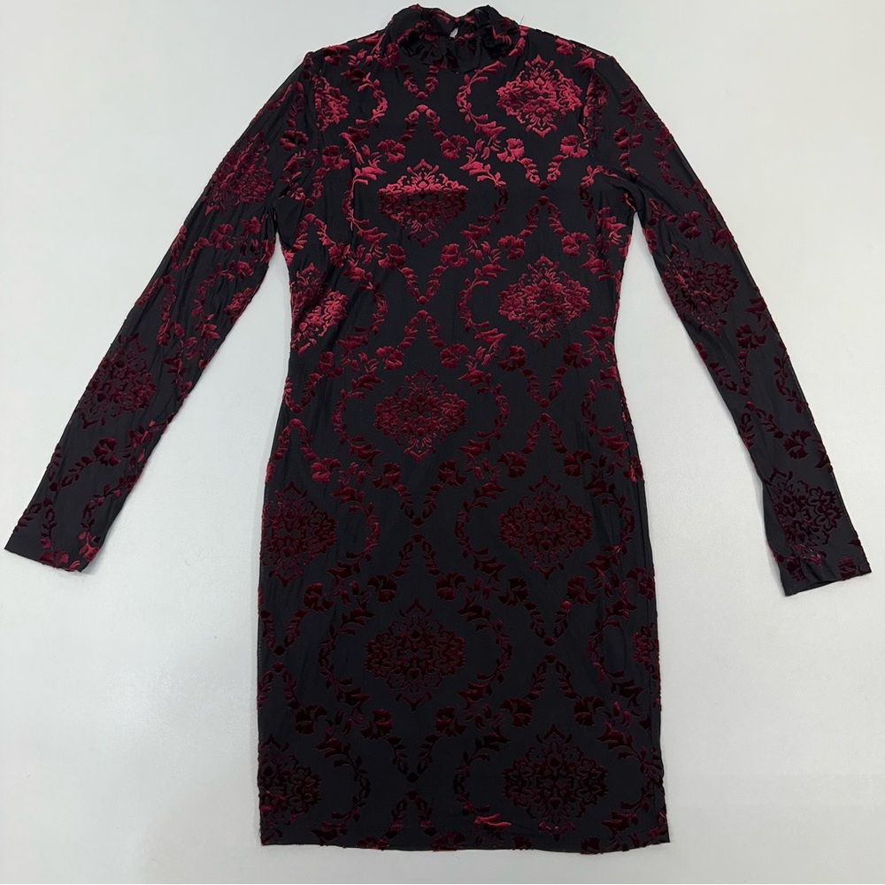 Iris Sheer Faux Velvet Floral Print Mock Neck Bodycon Dress Women’s Size Large
